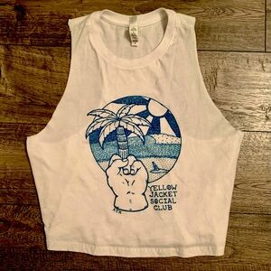 White & teal medium razorback crop tank.